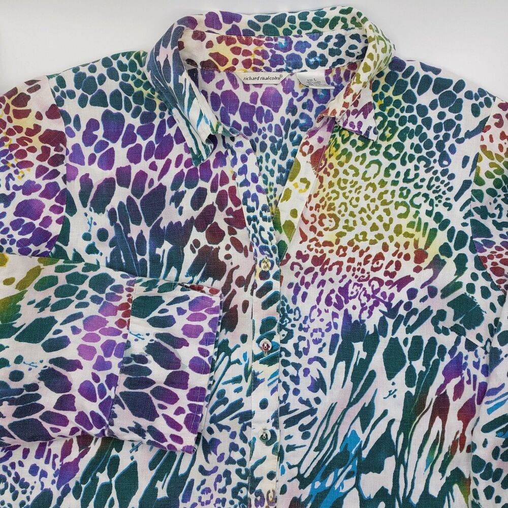 Richard Malcolm Animal Print 100% Linen Button Up Shirt Women's Large Artsy